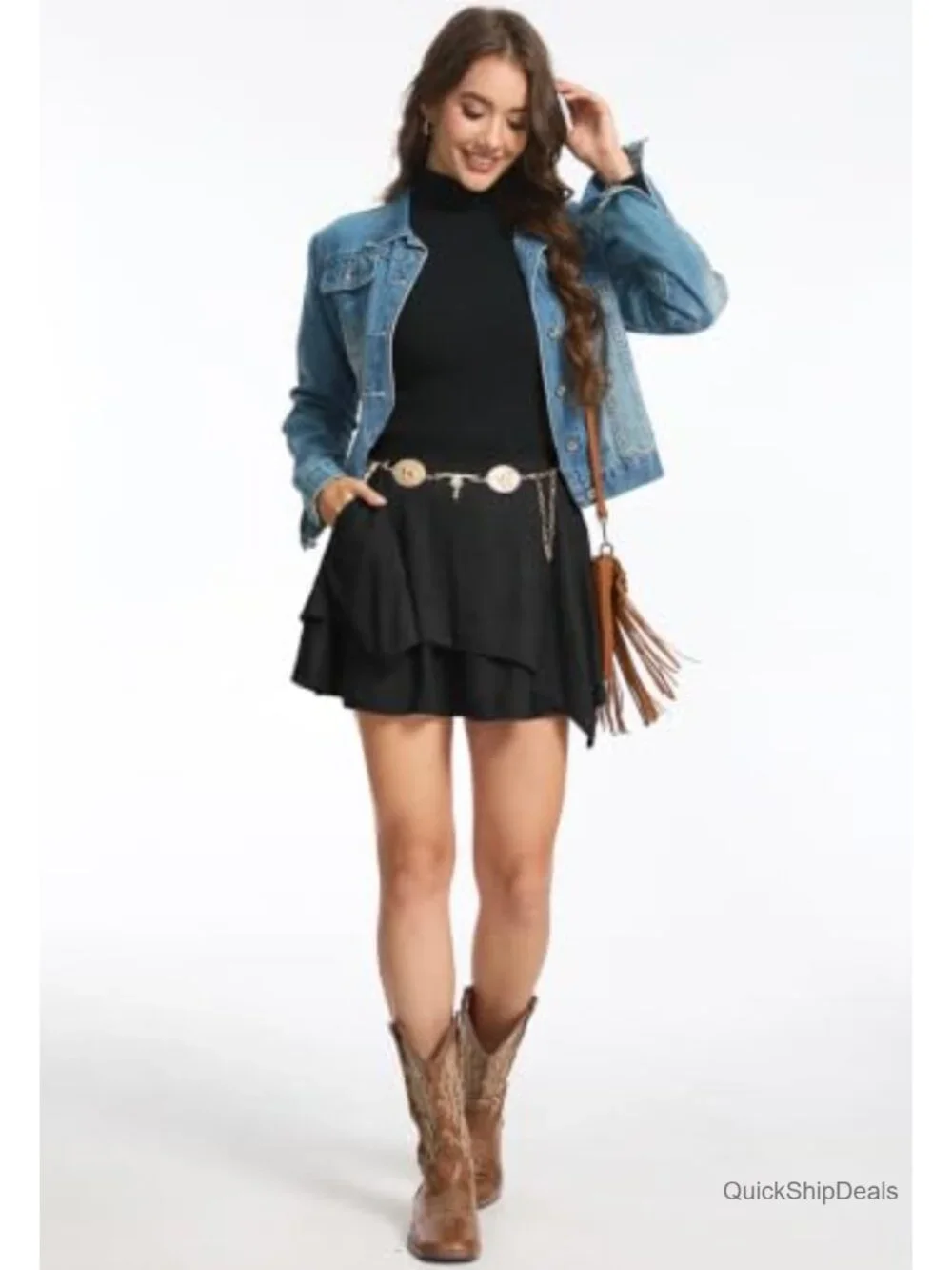 High Waisted Faux Suede Layered Mini Skirt with Pockets Western Cowgirl